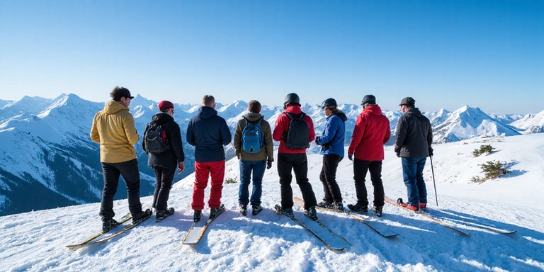 Group of skiers and snowboarders on a mountain peak