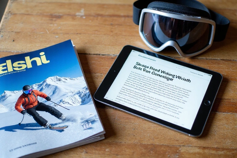 A stack of ski magazines and a tablet displaying ski-related articles on a wooden table next to a pair of ski goggles