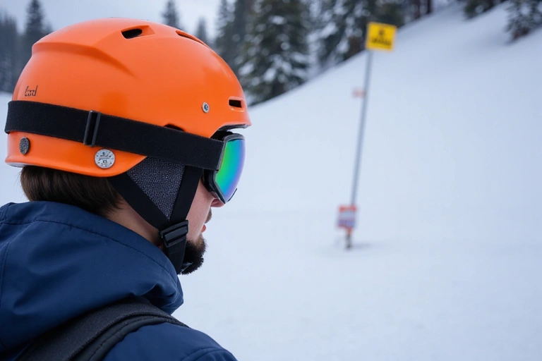 A skier wearing a bright orange helmet and goggles, looking focused on a snowy mountain with safety signs in the background