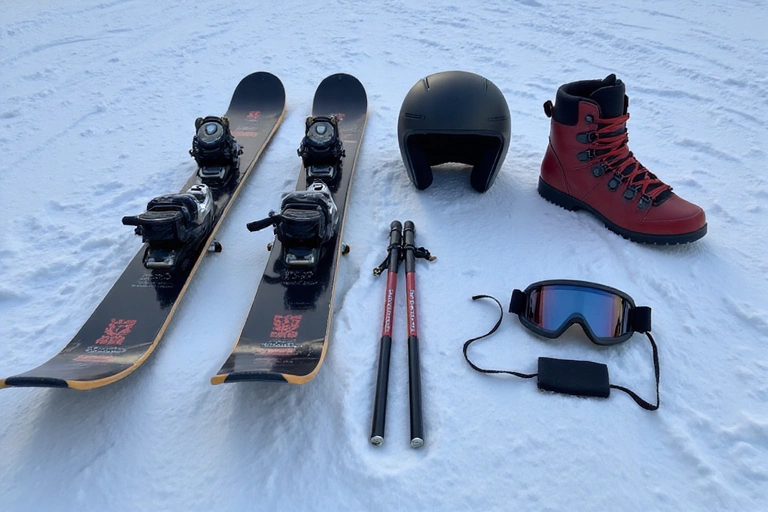 Arrangement of essential alpine skiing gear including skis, boots, helmet, goggles, and poles laid out on a snowy surface