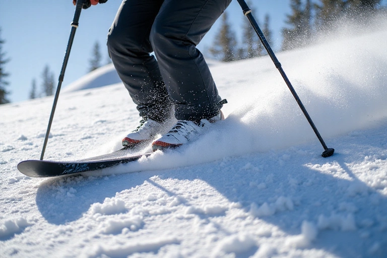 Close-up of a skier's boots and skis carving through fresh powder on a sunny day