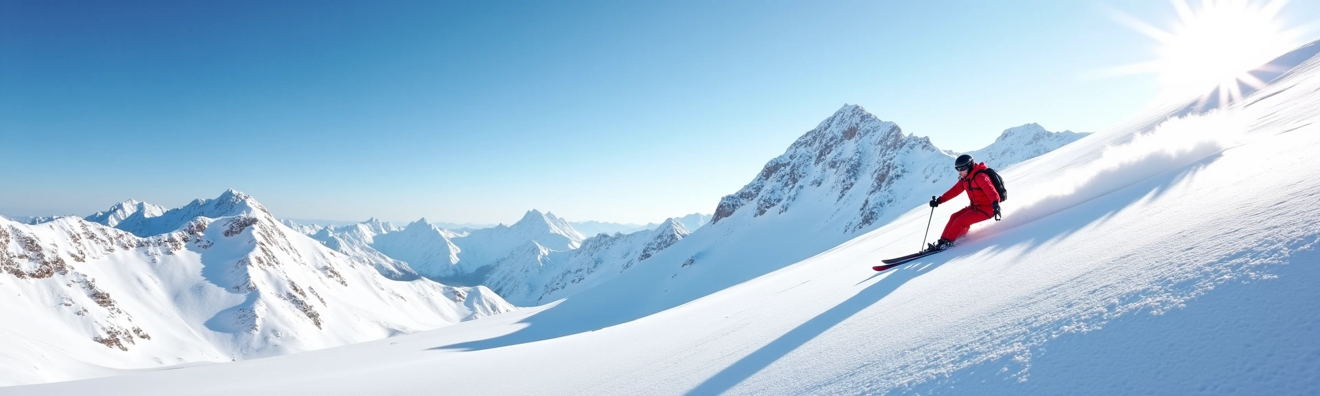Panoramic view of a skier gracefully descending a snow-covered mountain slope with clear blue sky