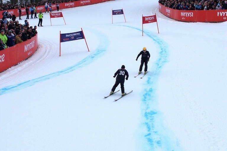 Two skiers racing down a steep, icy slope during a professional alpine skiing competition