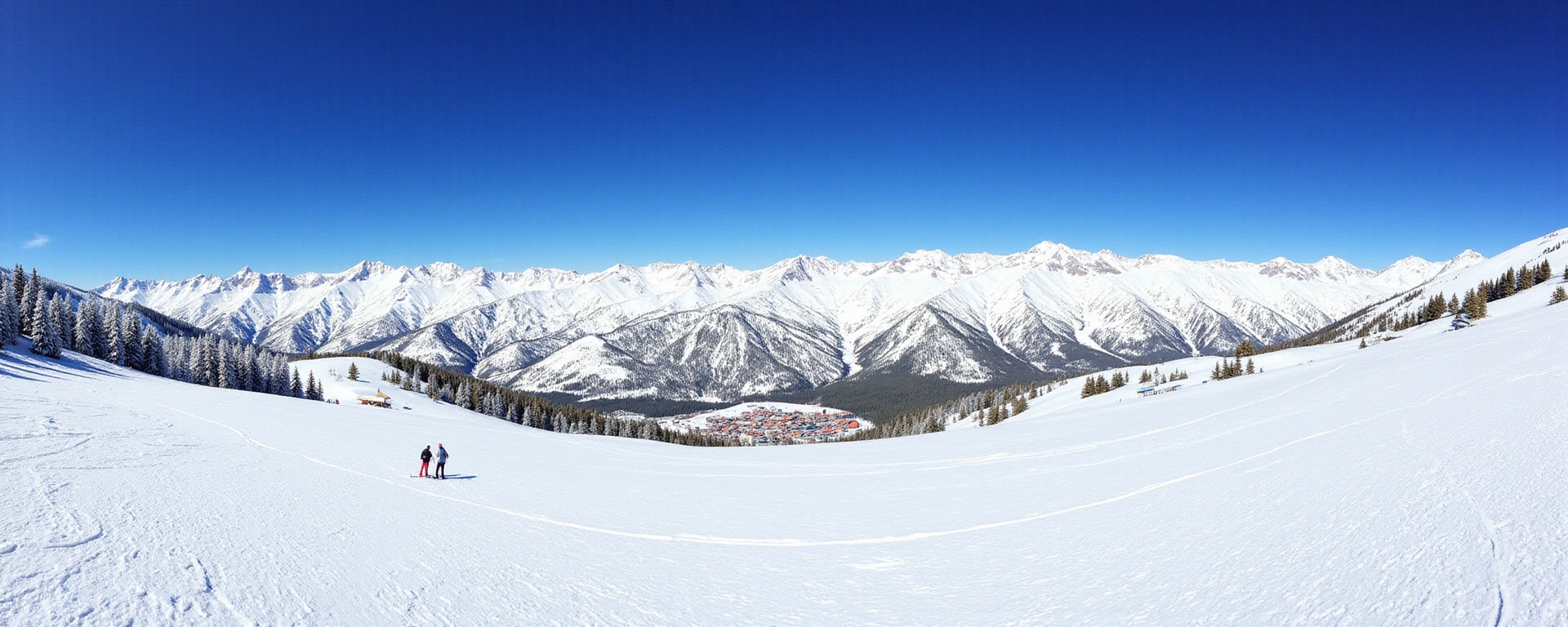 Panoramic view of Aspen Snowmass ski slopes with clear blue skies