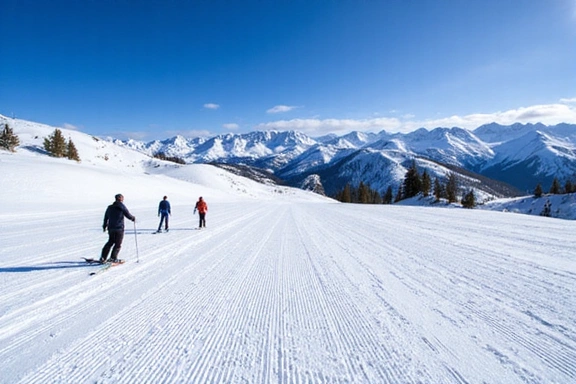 Skiers on a wide-open slope at Snowmass, blue sky
