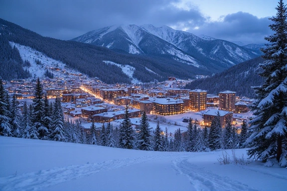 View of Aspen town from the mountain, covered in snow