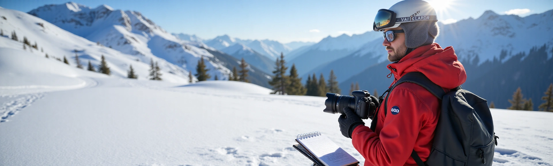 Journalist in a snowy mountain environment with a notepad and camera, ready to capture winter sports news.