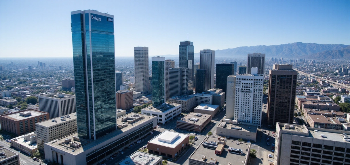 Overhead view of Los Angeles city with office building highlighted