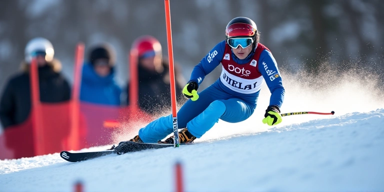World Cup Alpine Skiing race with a skier speeding down a mountain