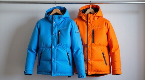 A heavy-duty insulated winter jacket in a vibrant color, hanging on a clothes hanger