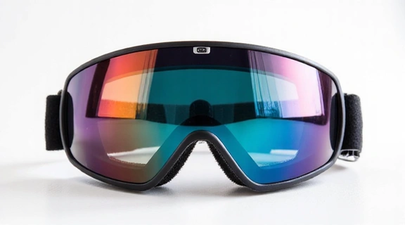 A pair of high-tech freeride goggles with a reflective lens