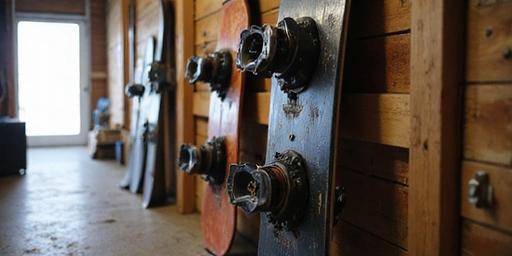 A snowboard stored vertically in a cool, dry place