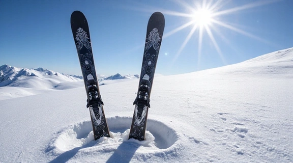 A pair of high-performance all-mountain skis standing vertically in deep snow