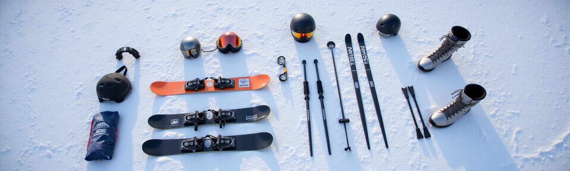 Assortment of winter sports equipment including skis, snowboards, helmets, and boots neatly arranged, ready for action against a snowy mountain backdrop.