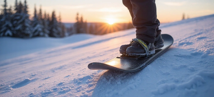 Modern snowboard with bindings on a snow-covered slope