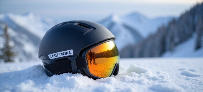 Snow helmet and goggles resting on a snow bank