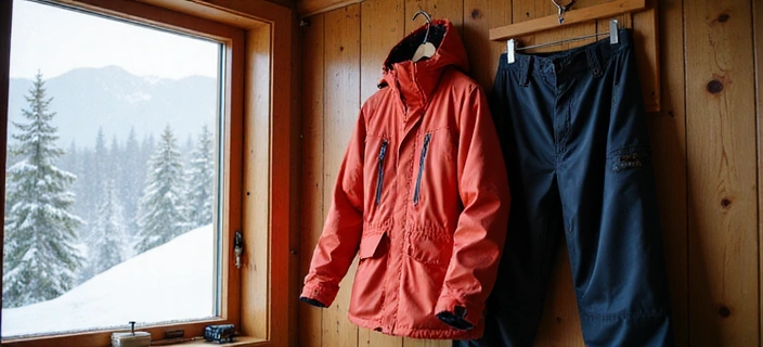 Technical winter jacket and pants hanging on a ski lodge hook