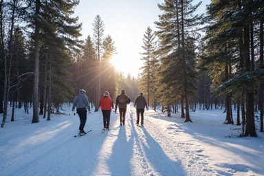 Group of friends cross-country skiing in a snowy forest
