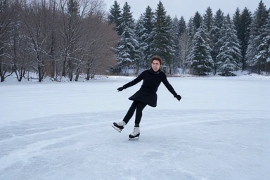 Ice skater performing a spin on a frozen lake