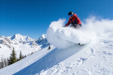 Skier jumping in fresh powder with mountain backdrop