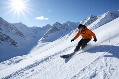 Snowboarder carving down a mountain slope