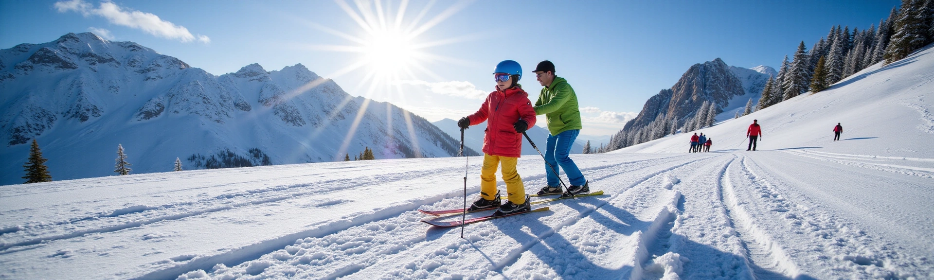 Child learning to ski with an instructor on a snowy mountain