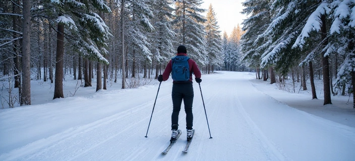 Cross-country skier in motion on a snowy trail