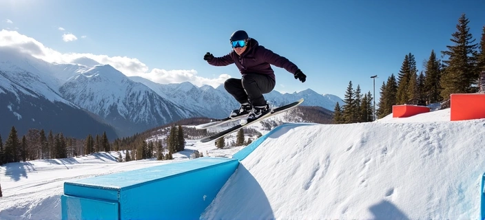 Freestyle skier practicing an aerial trick in a snow park