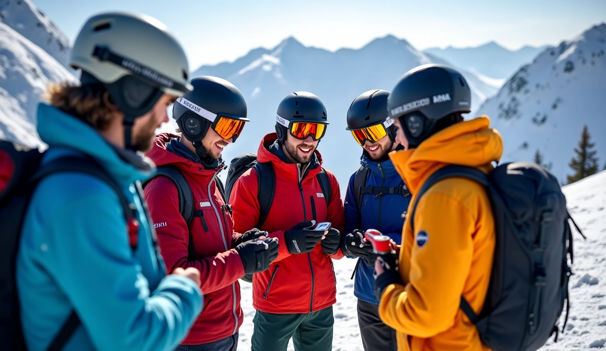 Group of skiers and snowboarders learning about avalanche safety equipment
