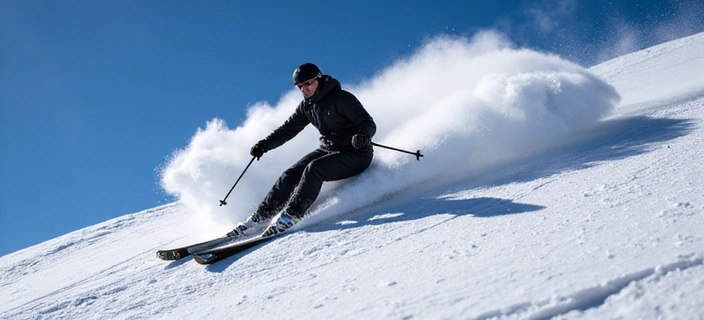 Skier making a perfect carve on a groomed slope