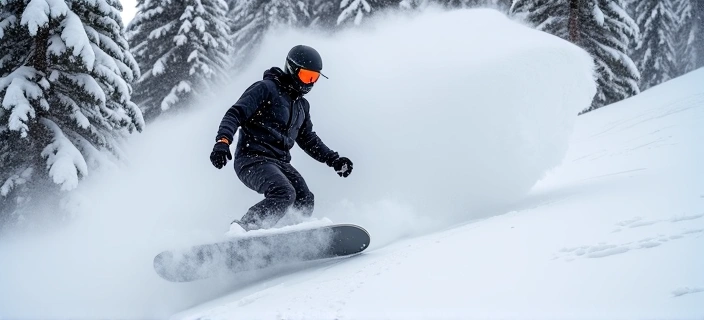 Snowboarder performing a controlled edge turn on fresh powder