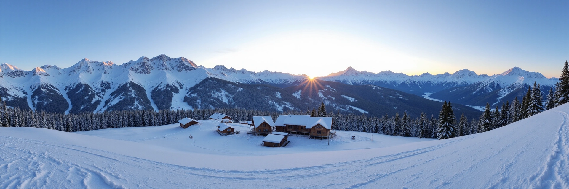 Panoramic view of a majestic snowy mountain resort with clear skies