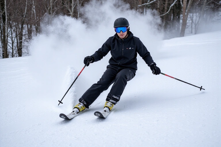 Skier making a controlled turn on a groomed slope