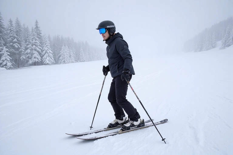 Skier in ready position on a gentle slope
