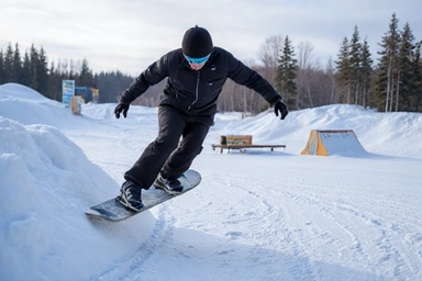 Snowboarder doing a trick in a terrain park