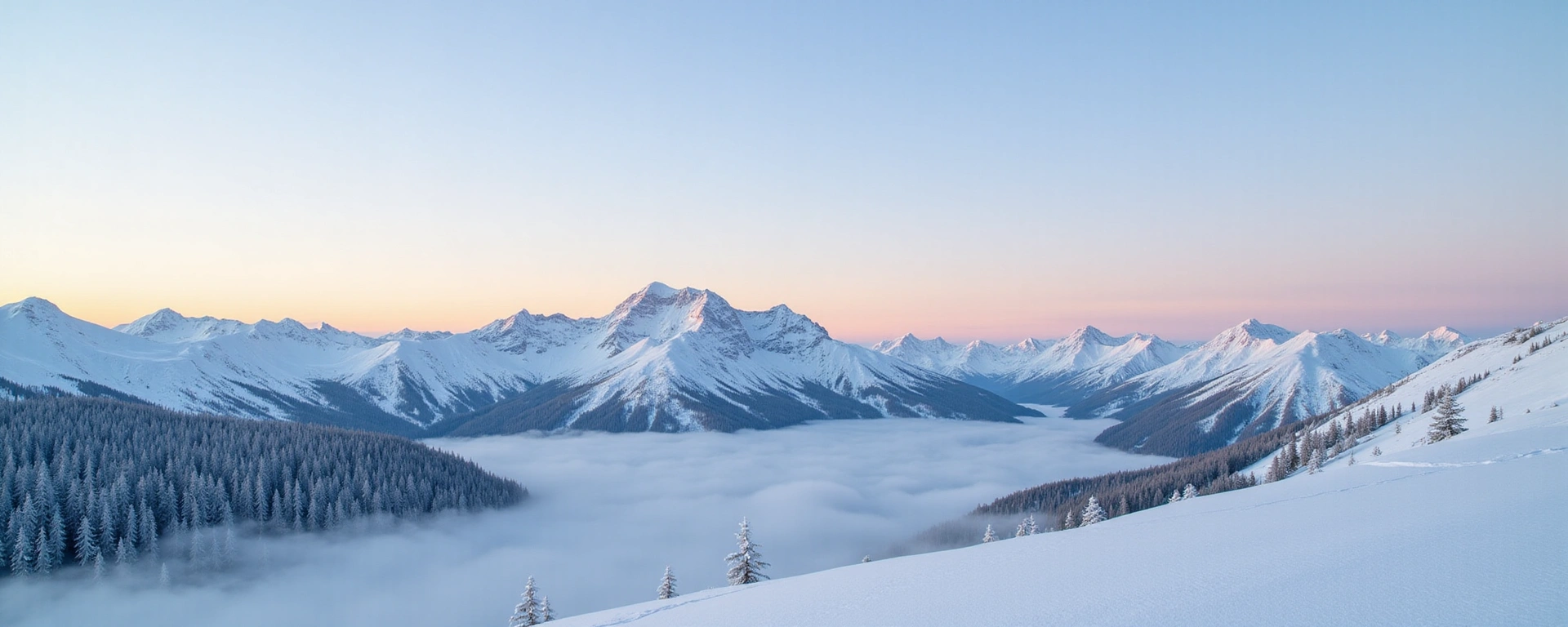 Snowy mountain landscape with sunrise