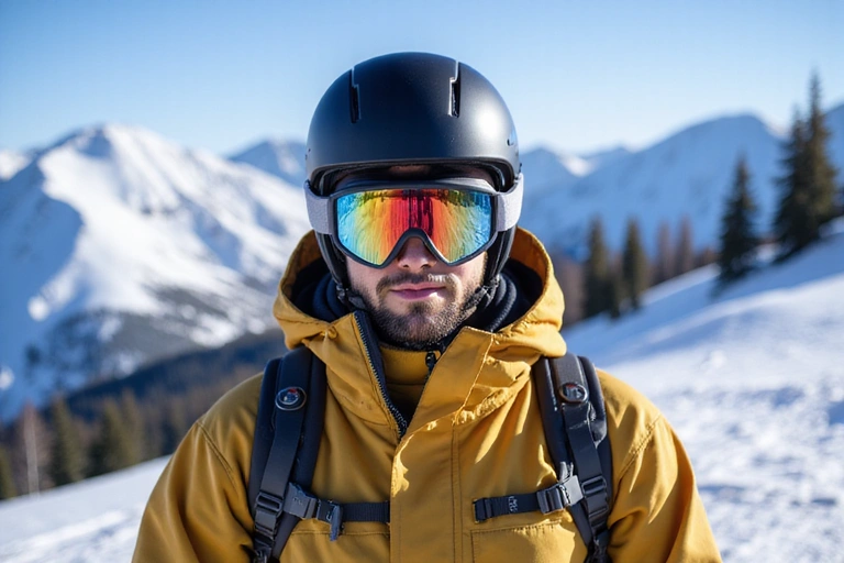 A snowboarder wearing a helmet and protective gear, looking confident on a mountain