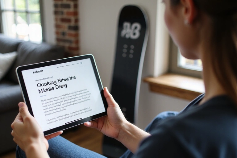 A person reading a blog post about snowboarding on a tablet, with a snowboard in the background