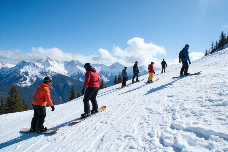 Group of snowboarders of different skill levels on a mountain, with a beginner taking a lesson