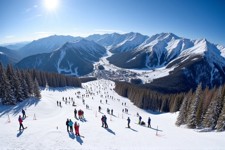 Panoramic view of a bustling ski resort with snowboarders and skiers