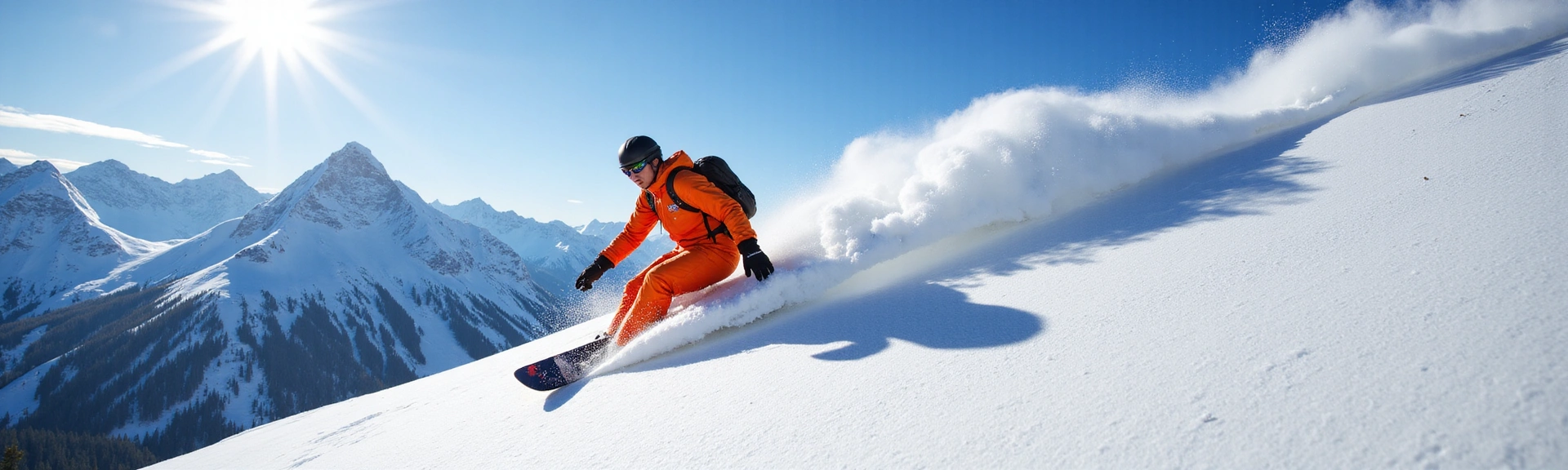 Snowboarder carving down a snowy mountain