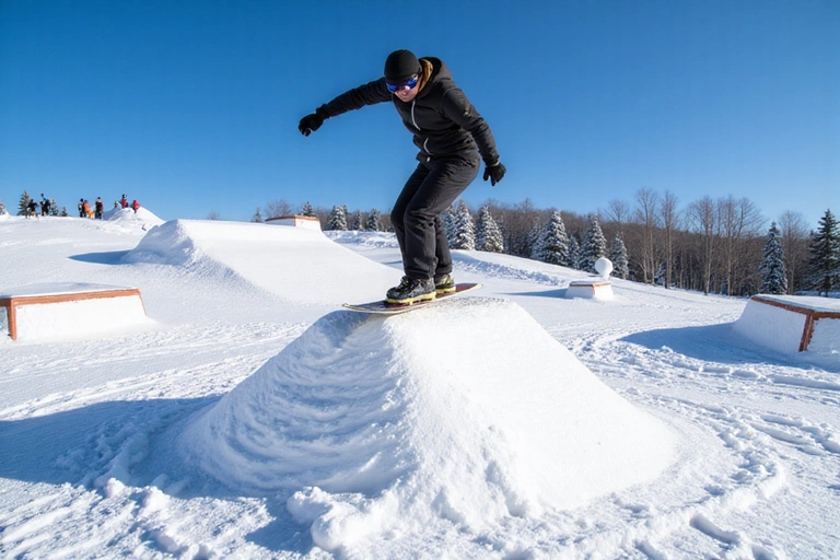 Snowboarder performing a grab trick in a snow park