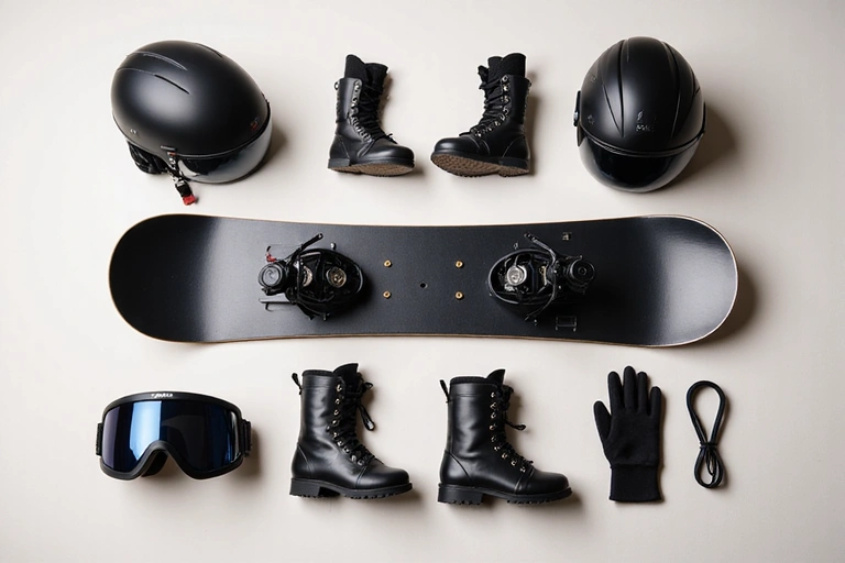 Various snowboarding equipment laid out, including board, boots, helmet, and goggles
